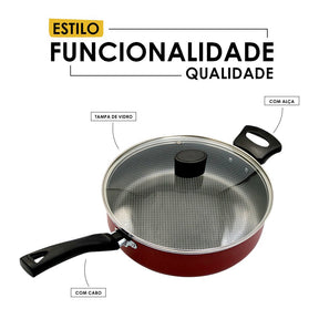 Frigideira Enjoy Reta 24cm Com Tampa de Vidro e Alça - Vermelha