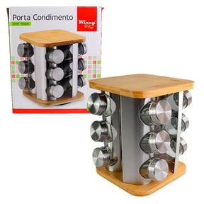 Porta Condimentos Giratório Inox com Base de Bambu 12 Potes 90ml